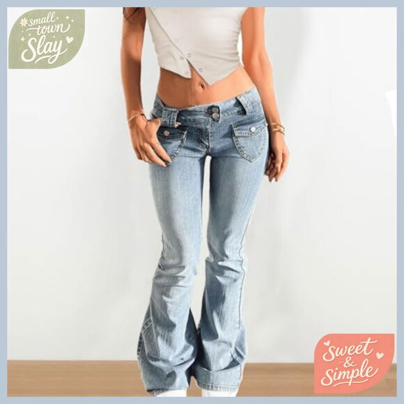 Low Rise Flare Jeans Stretchy Bell Bottom Denim Pants Y2K Vintage Washed - Picture 4 of 7